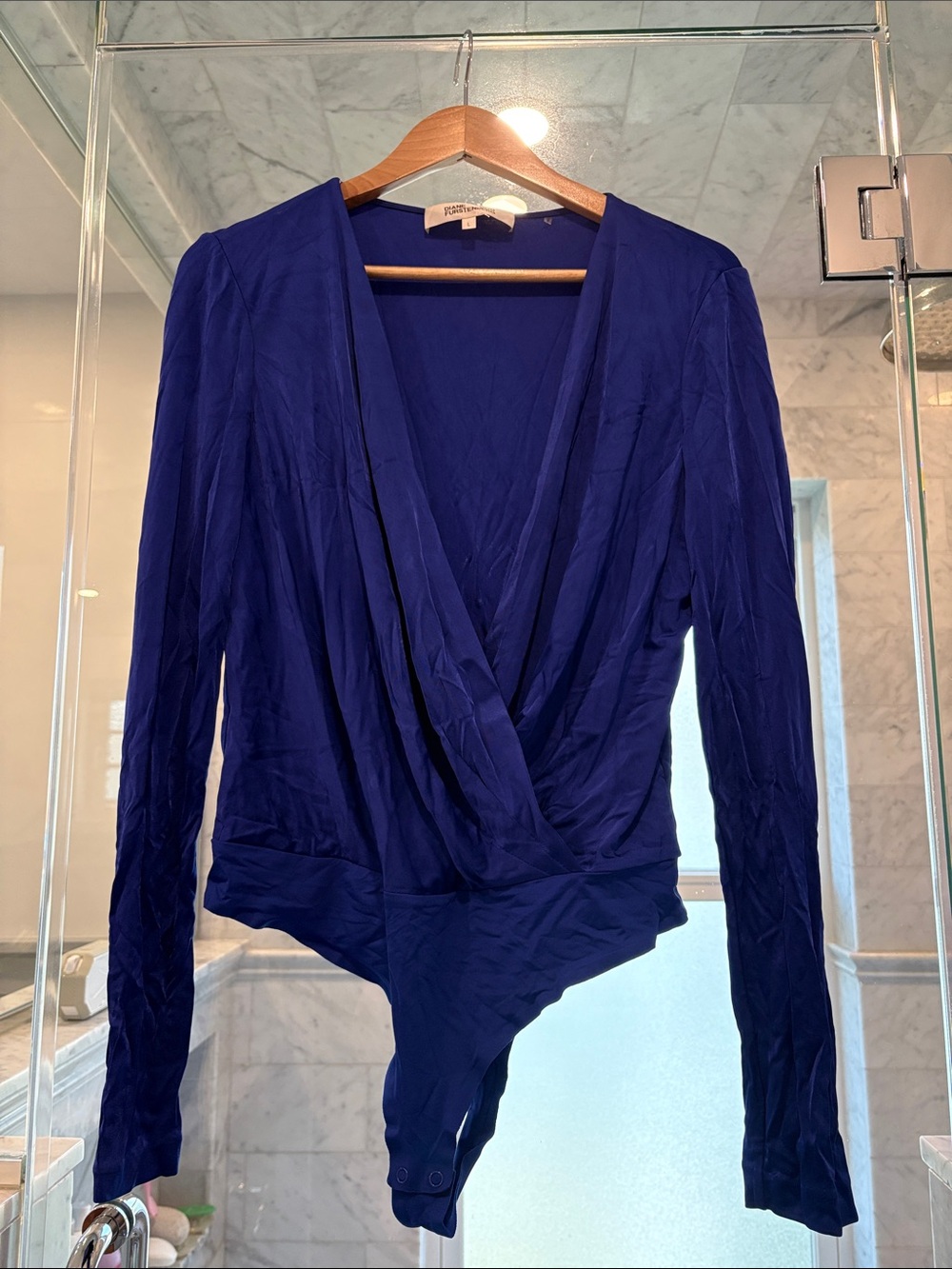 DVF Royal Blue Wrap-Front Long Sleeve Bodysuit - Size L